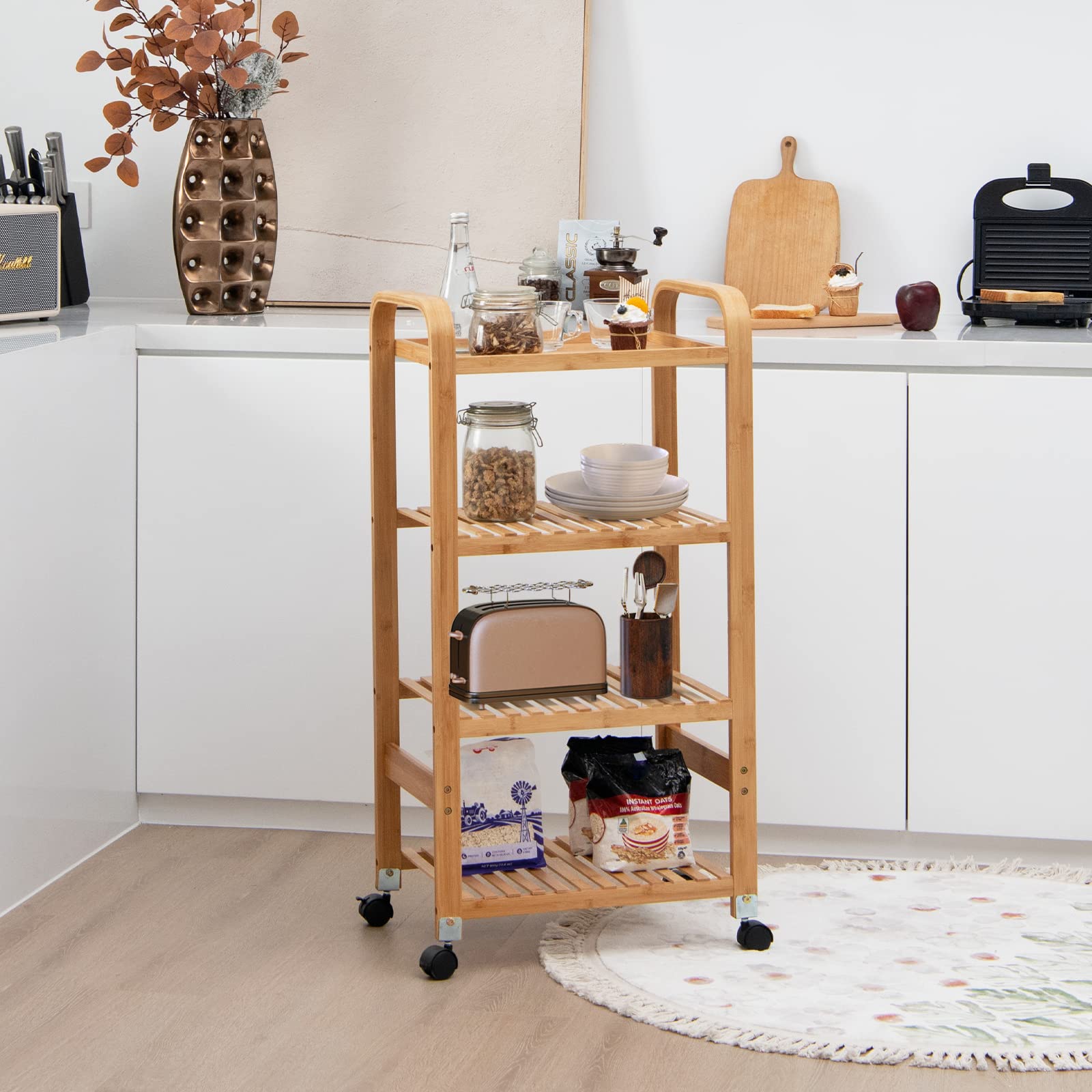 Giantex 4-Tier Bamboo Storage Cart, Rolling Utility Cart, Storage Rack on Wheels