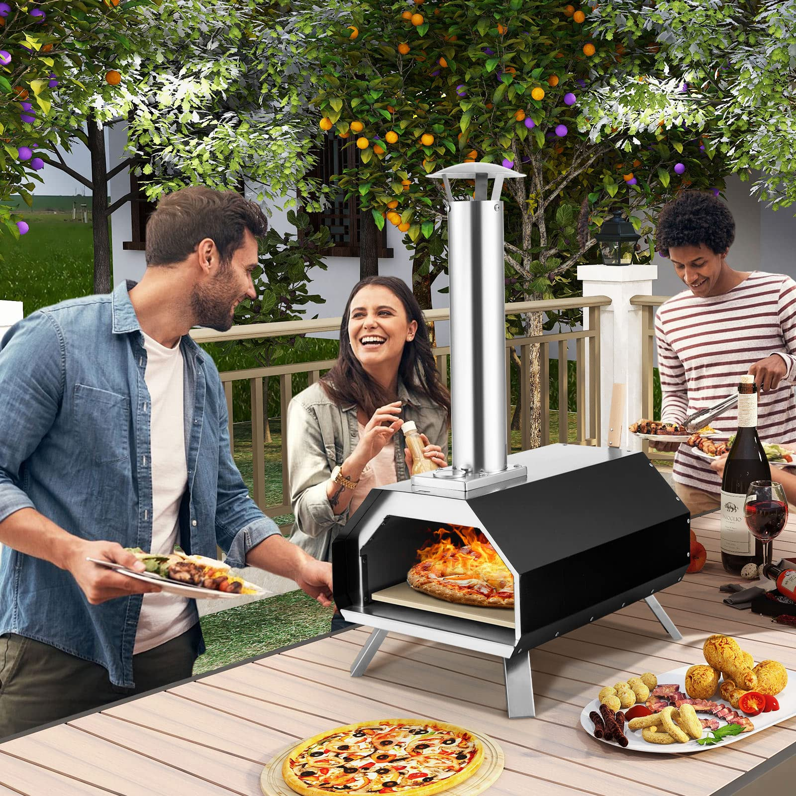 Giantex Outdoor Pizza Oven, Wood Pellet Fired Pizza Grill with 12'' Pizza Stone, Pizza Peel, (Black & Silver)