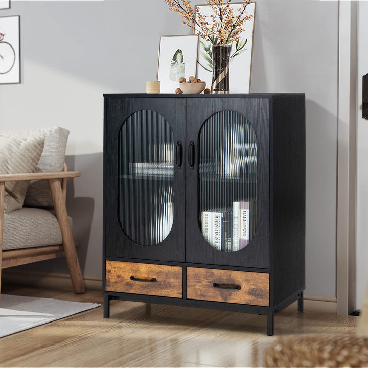 Giantex Buffet Cabinet with 2 Drawers, Wooden Sideboard, Standing 2-Tier Cupboard (Black & Brown)