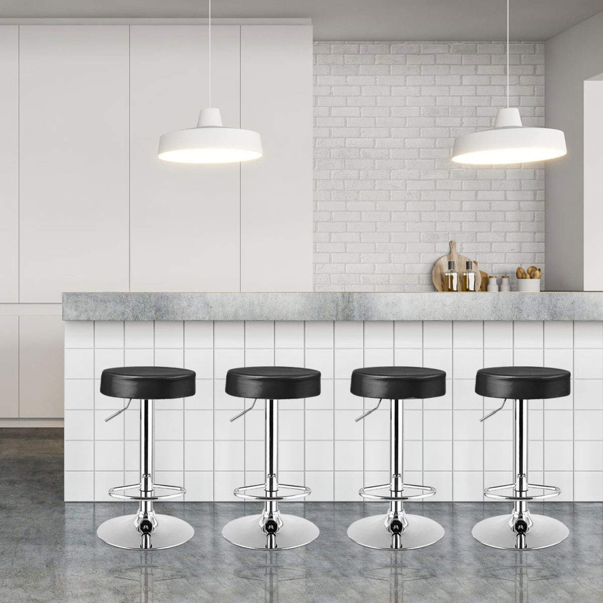 Modern Swivel Backless Round Barstool, PU Leather Armless bar Chair with Height Adjustable, Chrome Footrest