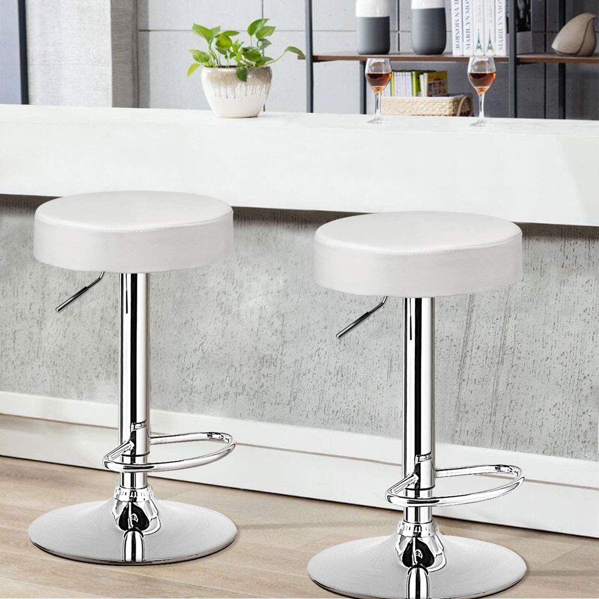 Modern Swivel Backless Round Barstool, PU Leather Armless bar Chair with Height Adjustable, Chrome Footrest