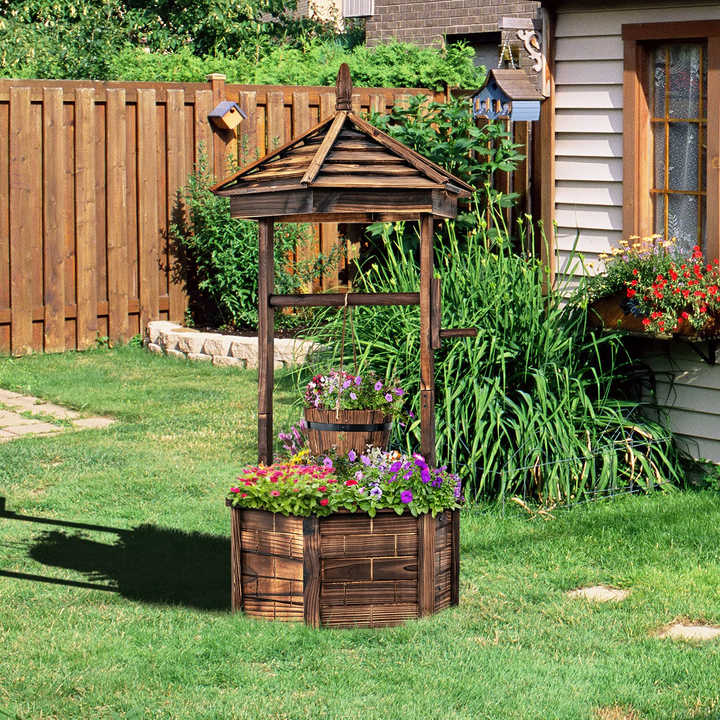 hanging pail planter Giantex Rustic Wooden Wishing Well Planter with Hanging Bucket, Roof Shadow