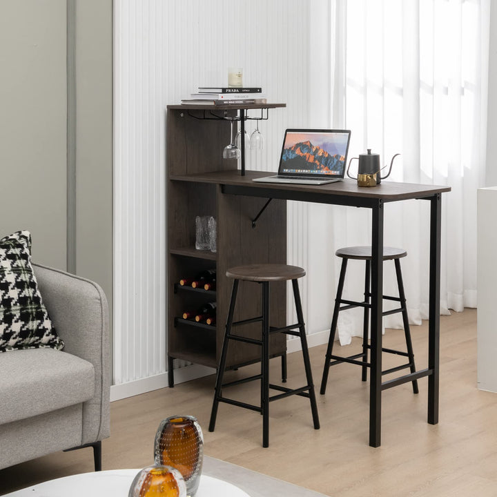 Giantex 3 Pieces Bar Table and Stools Set, Bistro Table Set with Glass Holder (Brown)