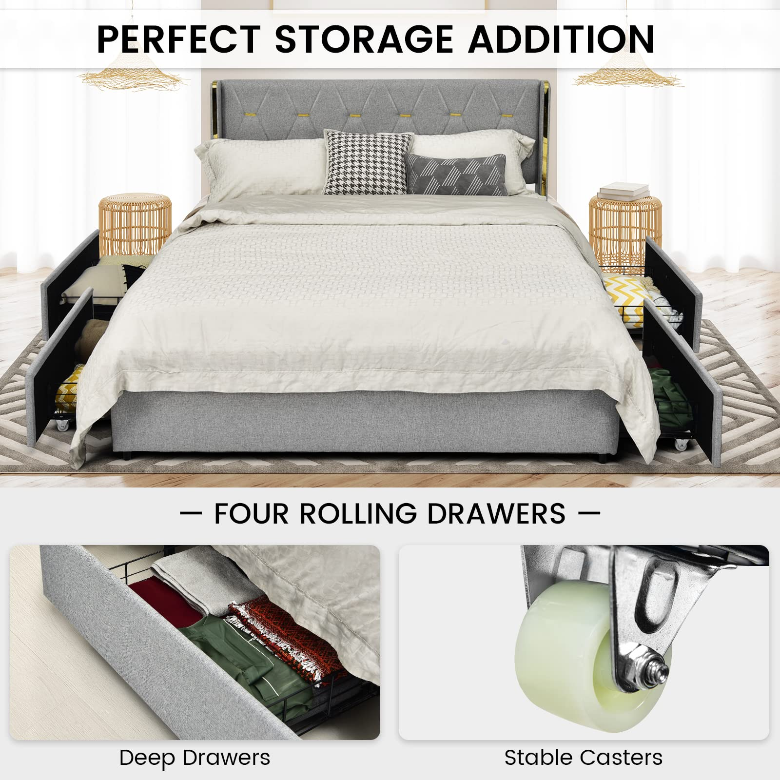 Giantex Upholstered Bed Frame with 4 Drawers