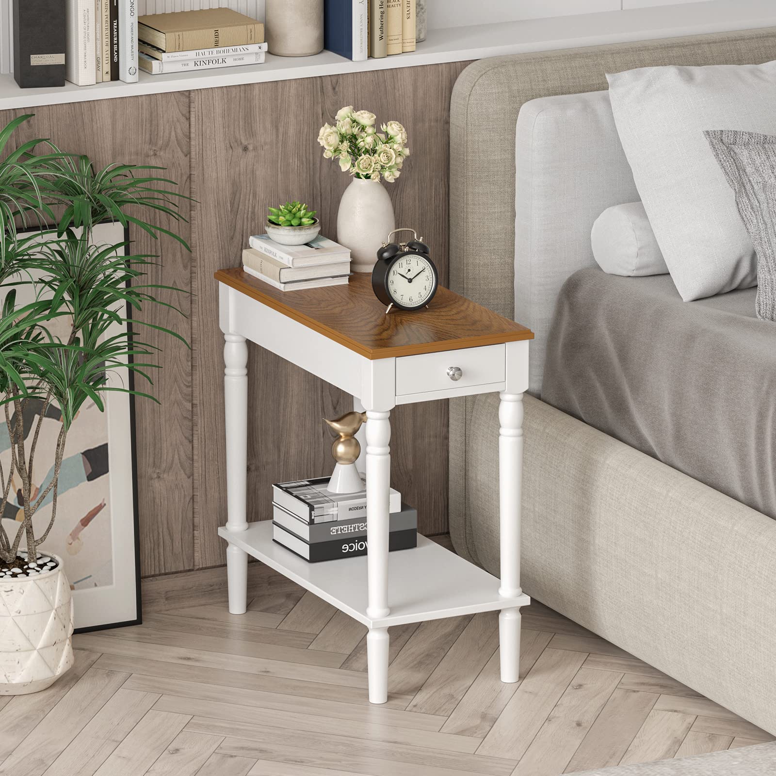 Giantex Farmhouse End Table, Narrow Side Table with Drawer and Storage Shelf