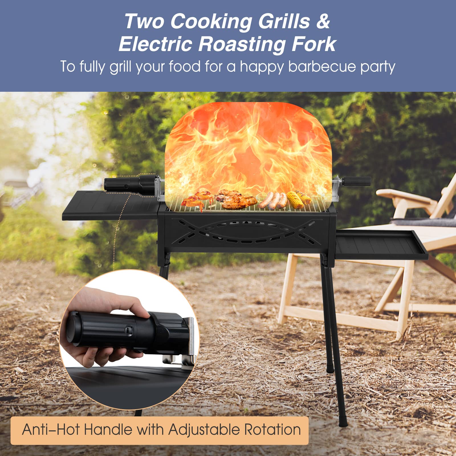 Giantex Charcoal Grill with Automatic Rotisserie Kit, 2 Folding Side Tables