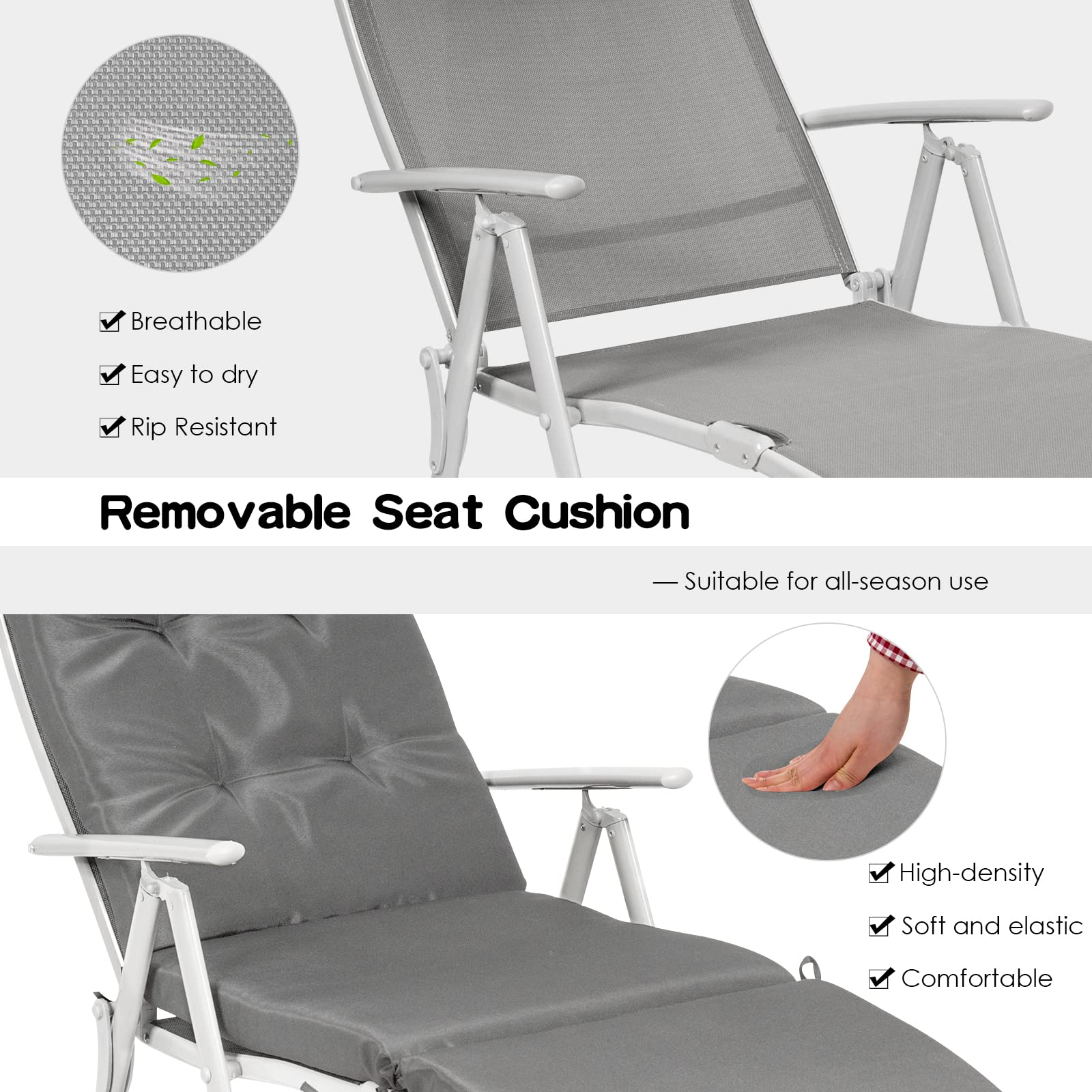 Pool Folding Reclining Beach Chair W/Removable Cushion&Headrest Pillow