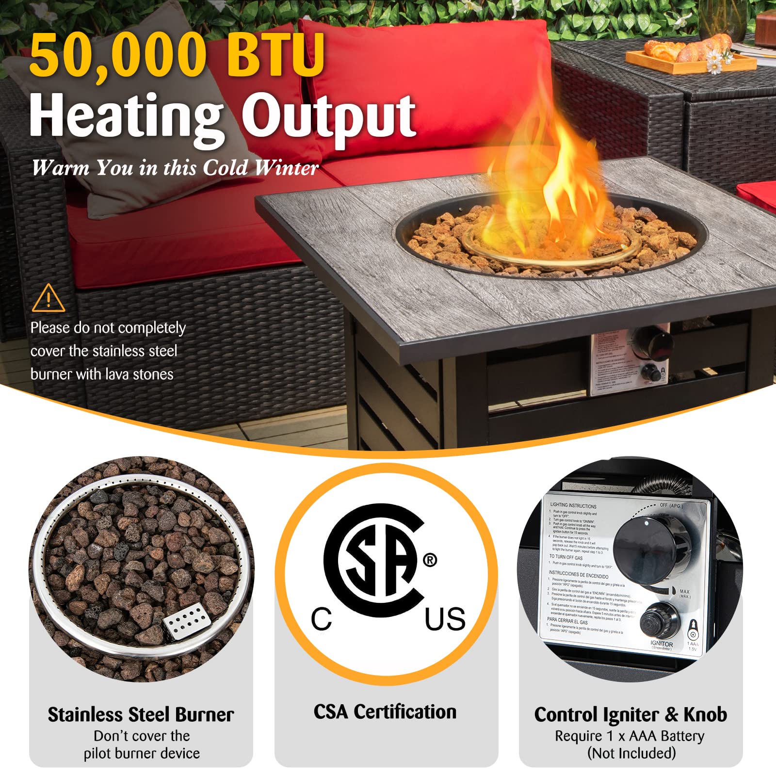 Giantex 32 Inch Propane Fire Pits, 50,000 BTU Square Gas Firepit with High-Temp Resistant Tabletop (Black)