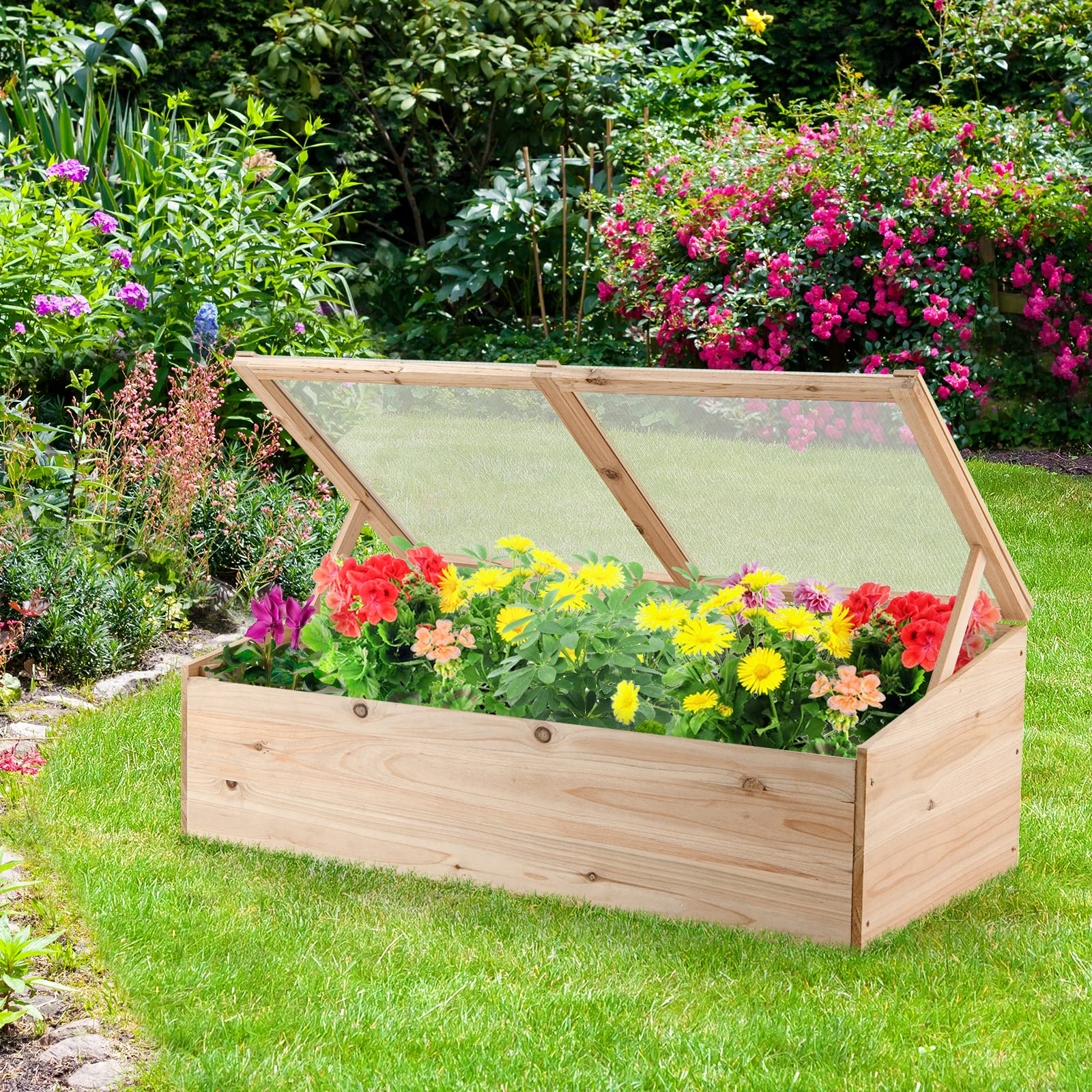 Giantex Wood Cold Frame, Mini Garden Greenhouse, Transparent Flip Top Lid(Farmhouse)