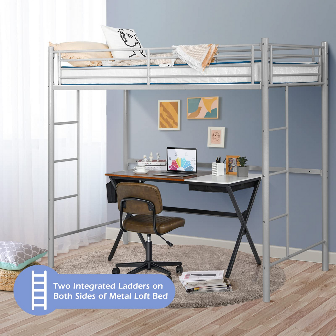 Heavy Duty Loft Bed Frame with 2 Ladders | Metal Loft Bed Twin Size