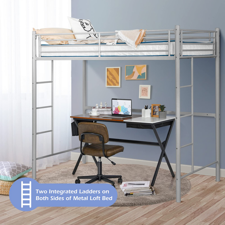 Heavy Duty Loft Bed Frame with 2 Ladders | Metal Loft Bed Twin Size