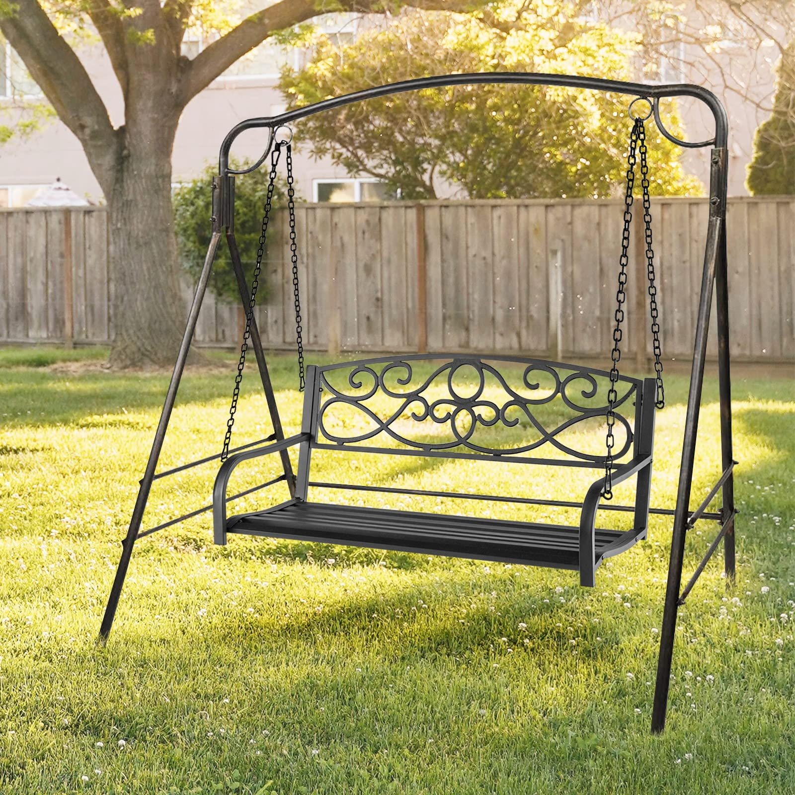 Metal Porch Swings 2 Person Outdoor Hanging Garden Bench with Sturdy Chains