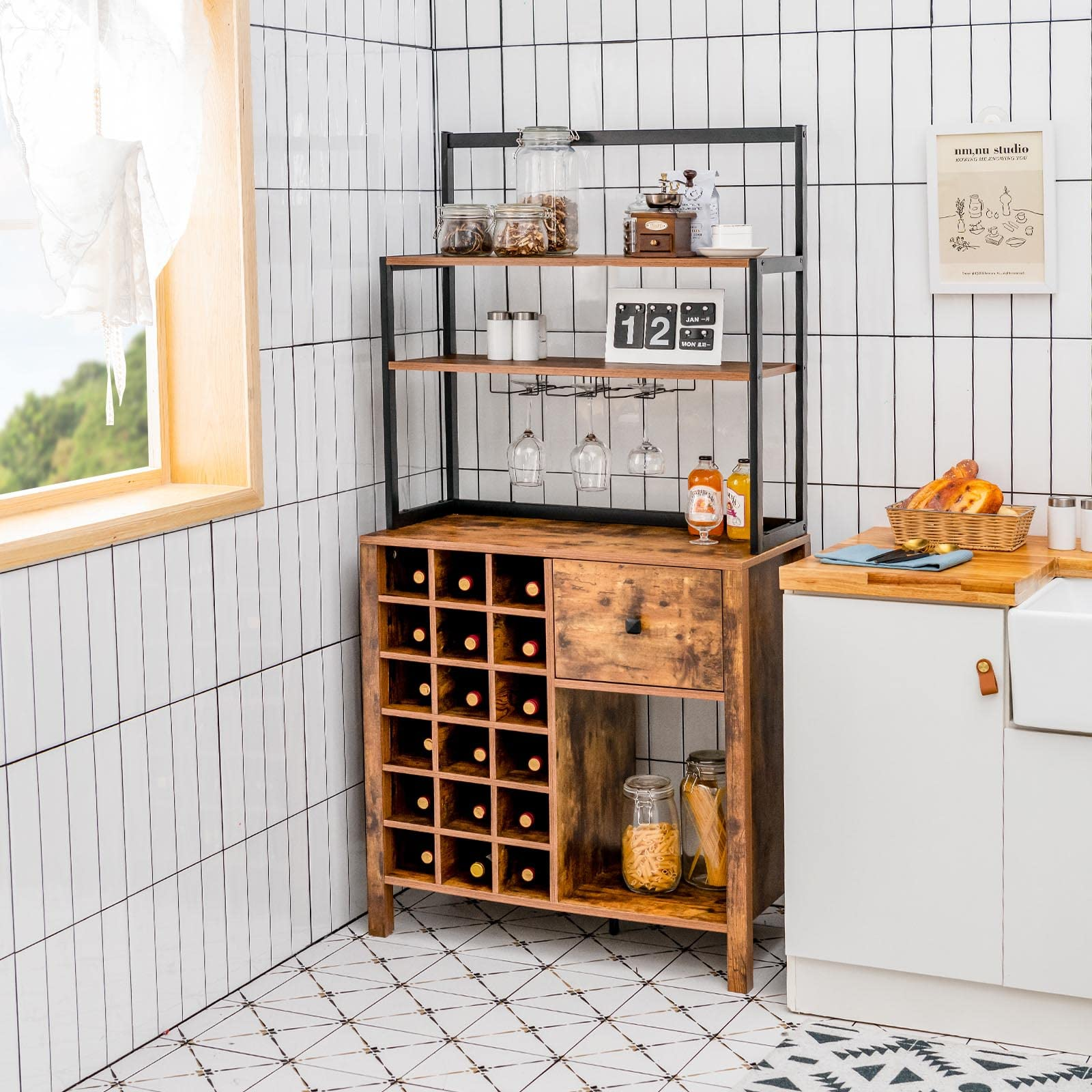 Giantex Sideboard with Hutch, 18 Bottles Wood Wine Rack, 1 Drawer, Standing 4-Tier Bakers Rack with Glass Holder