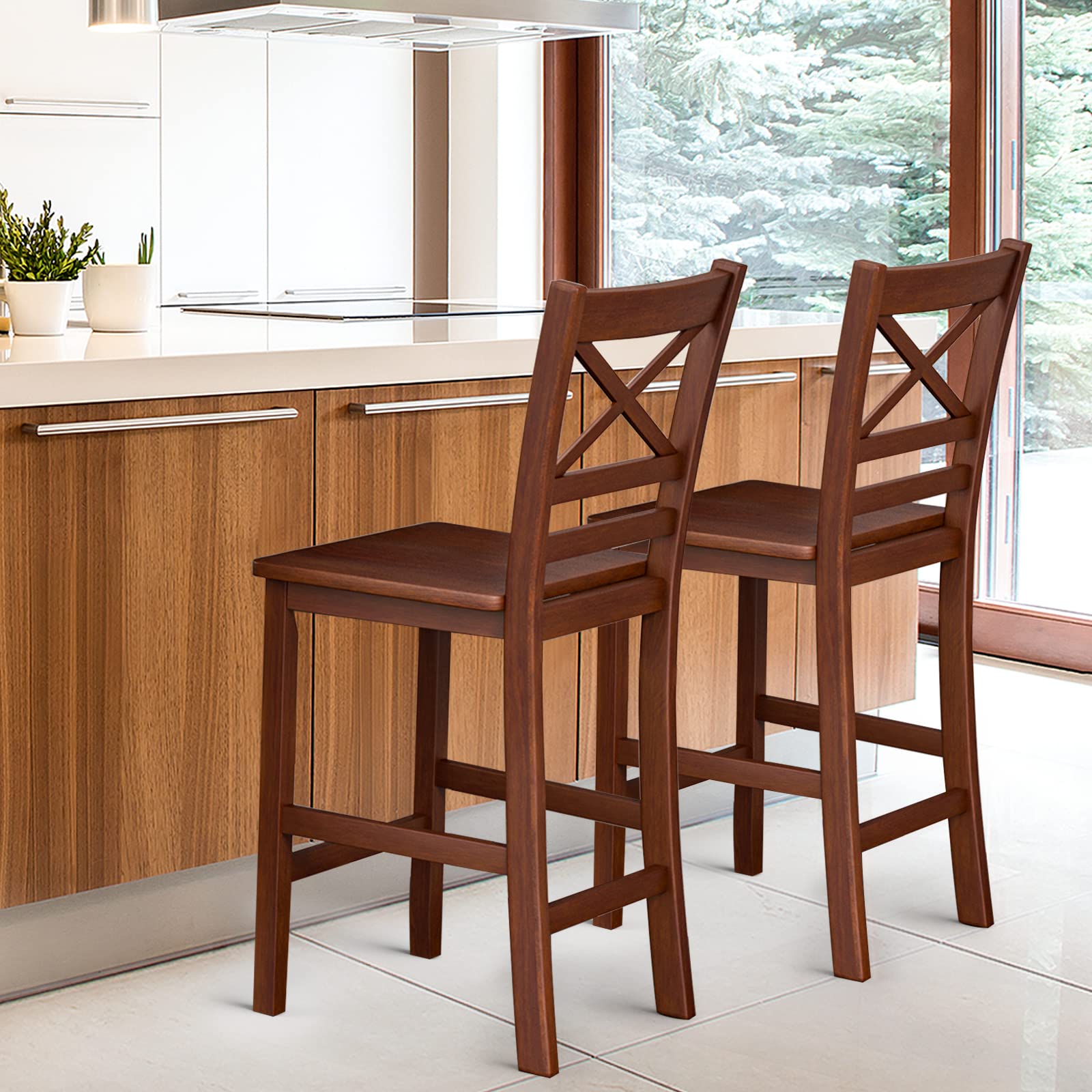 Giantex 25'' Antique Kitchen Counter Height Chairs with Wooden X-Shaped Backrest & Rubber Wood Legs