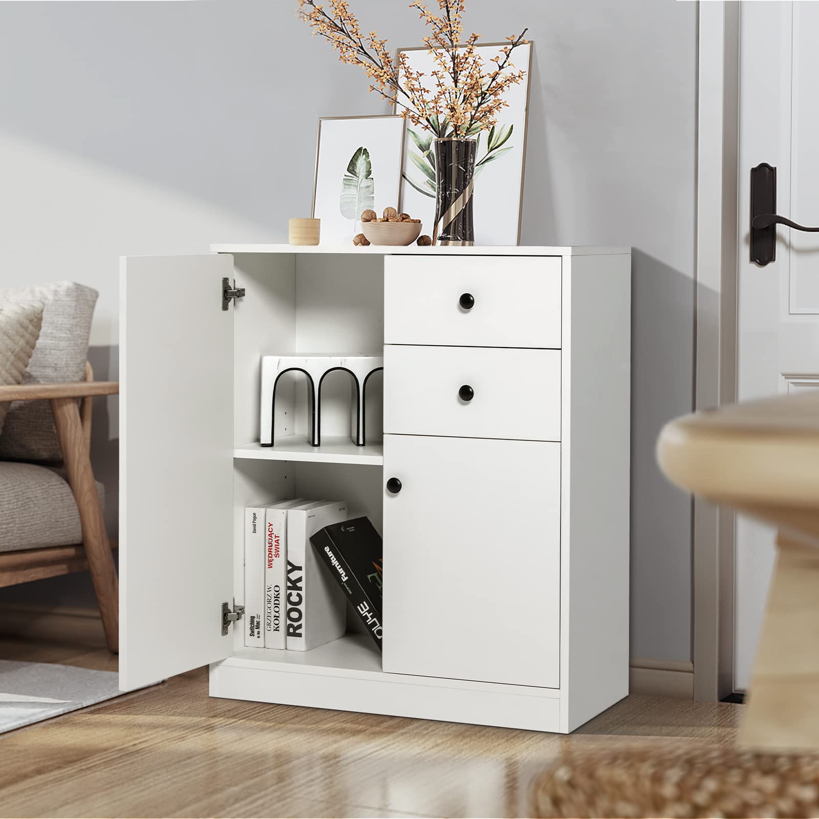 Giantex Floor Storage Base Cabinet - Freestanding Cabinet with Adjustable Shelves, 2 Drawers and 2 Doors, White