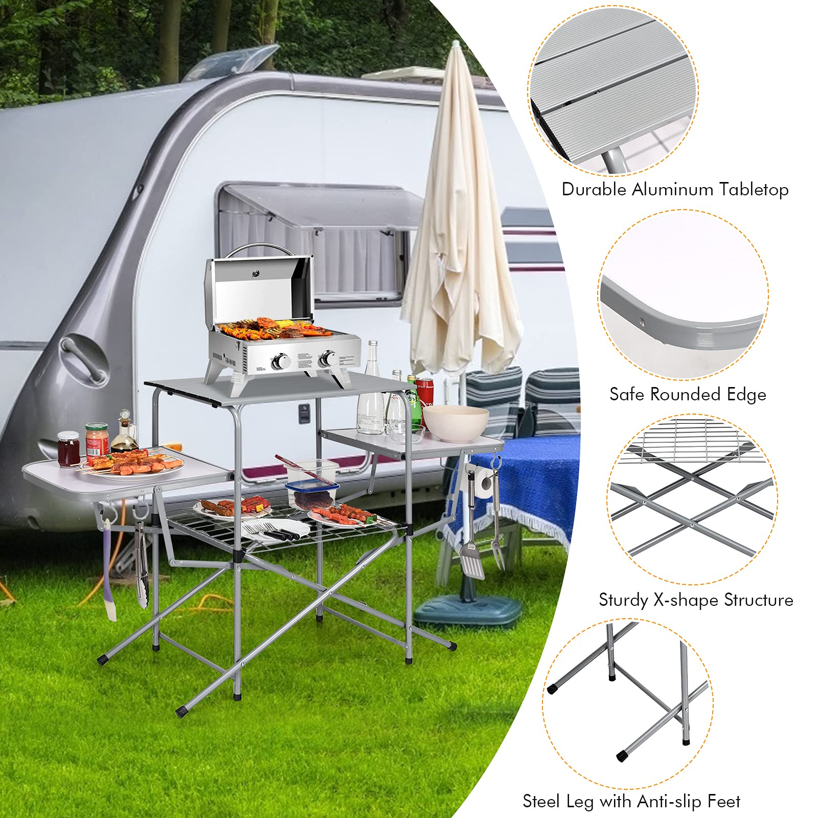 Giantex Folding Grill Table with 26'' Main Tabletop, Portable Aluminum Camping Table