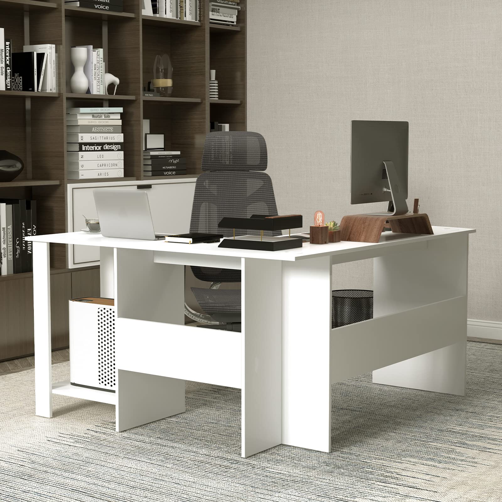 Giantex L Shaped Computer Desk, 51" Large Corner Desk with 2 Cable Holes & 2 Storage Shelves, White