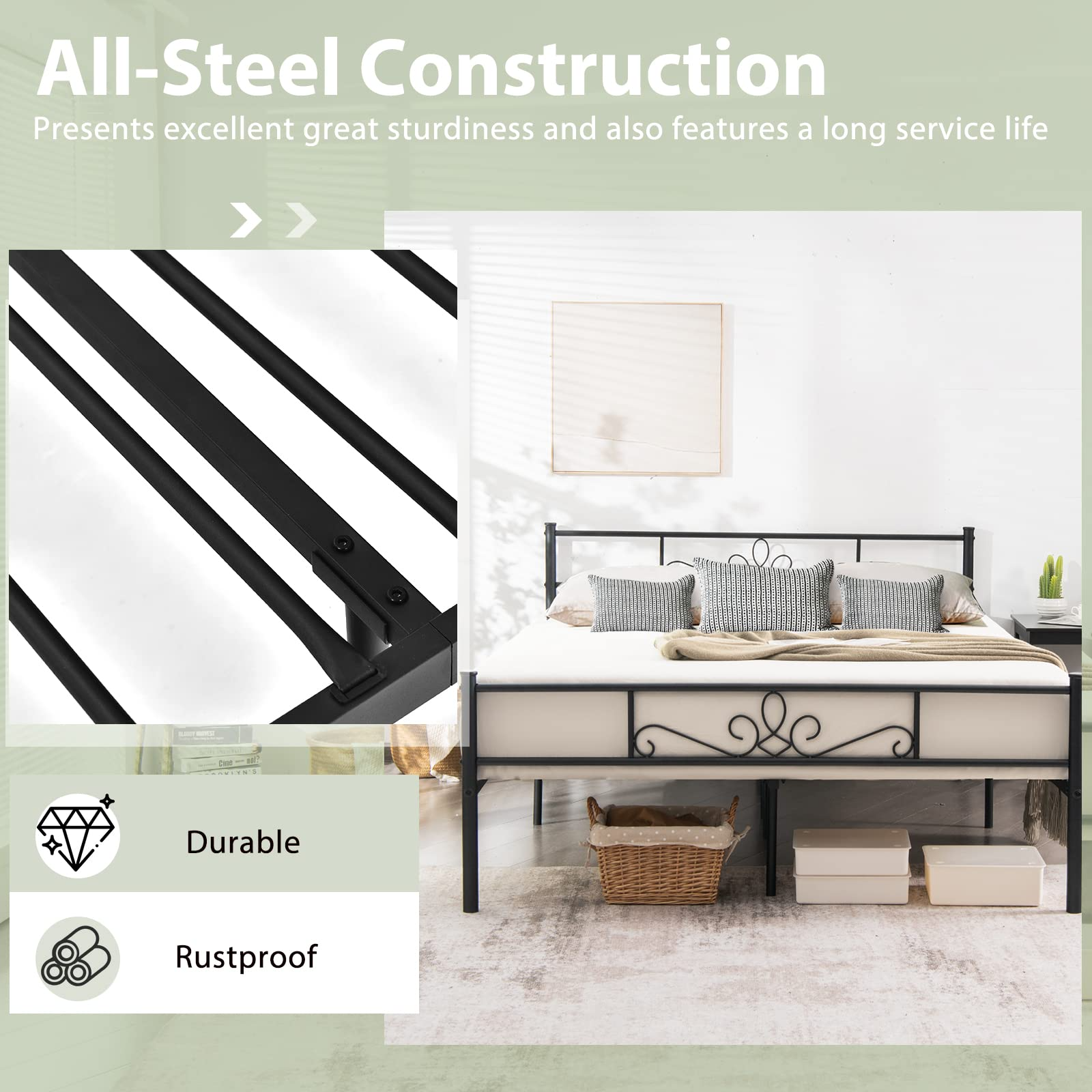 Mattress Foundation w/Heavy Duty Steel Slat Support, No Box Spring Needed