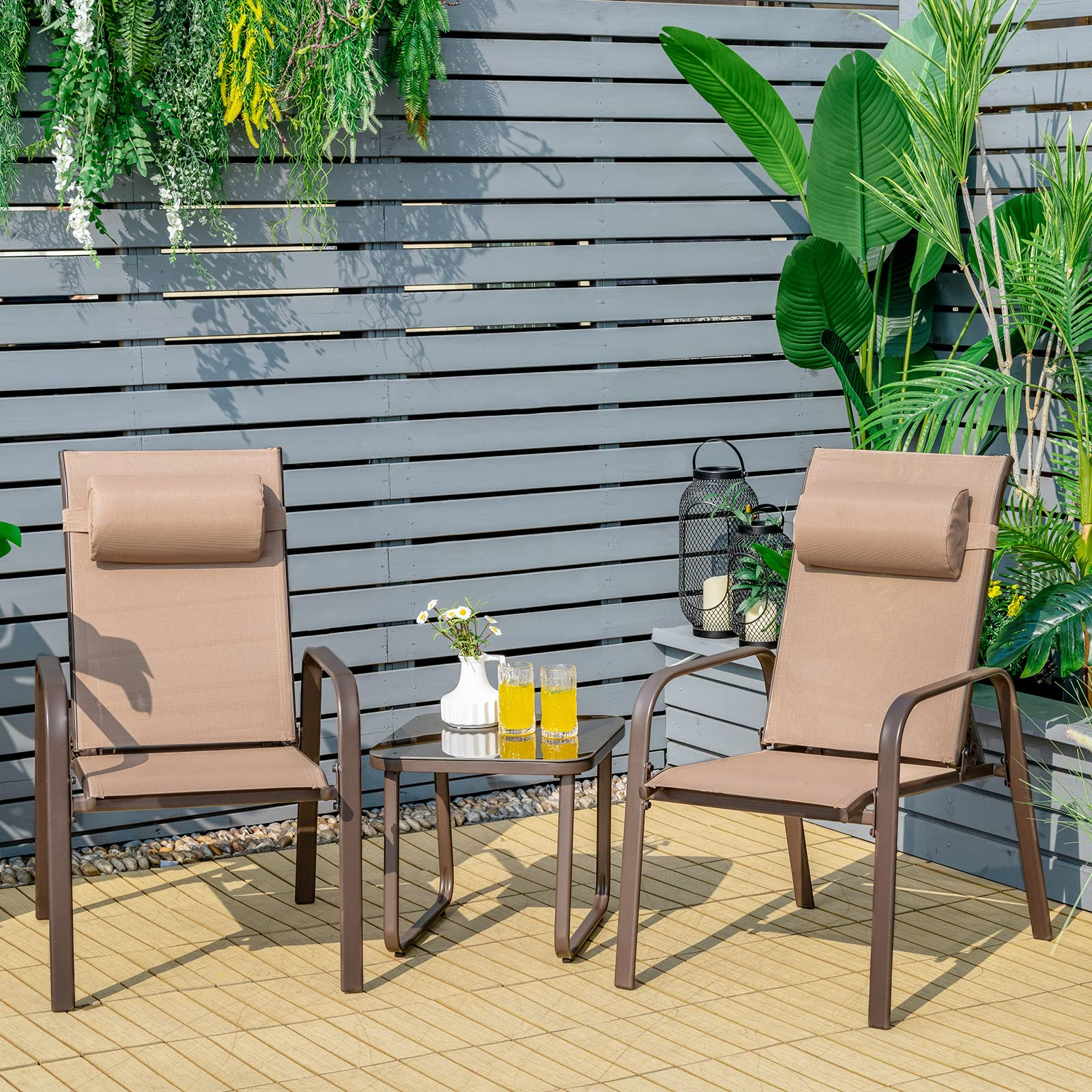 Giantex Stackable Patio Chairs with Adjustable Backrest Headrest, 3 Pieces