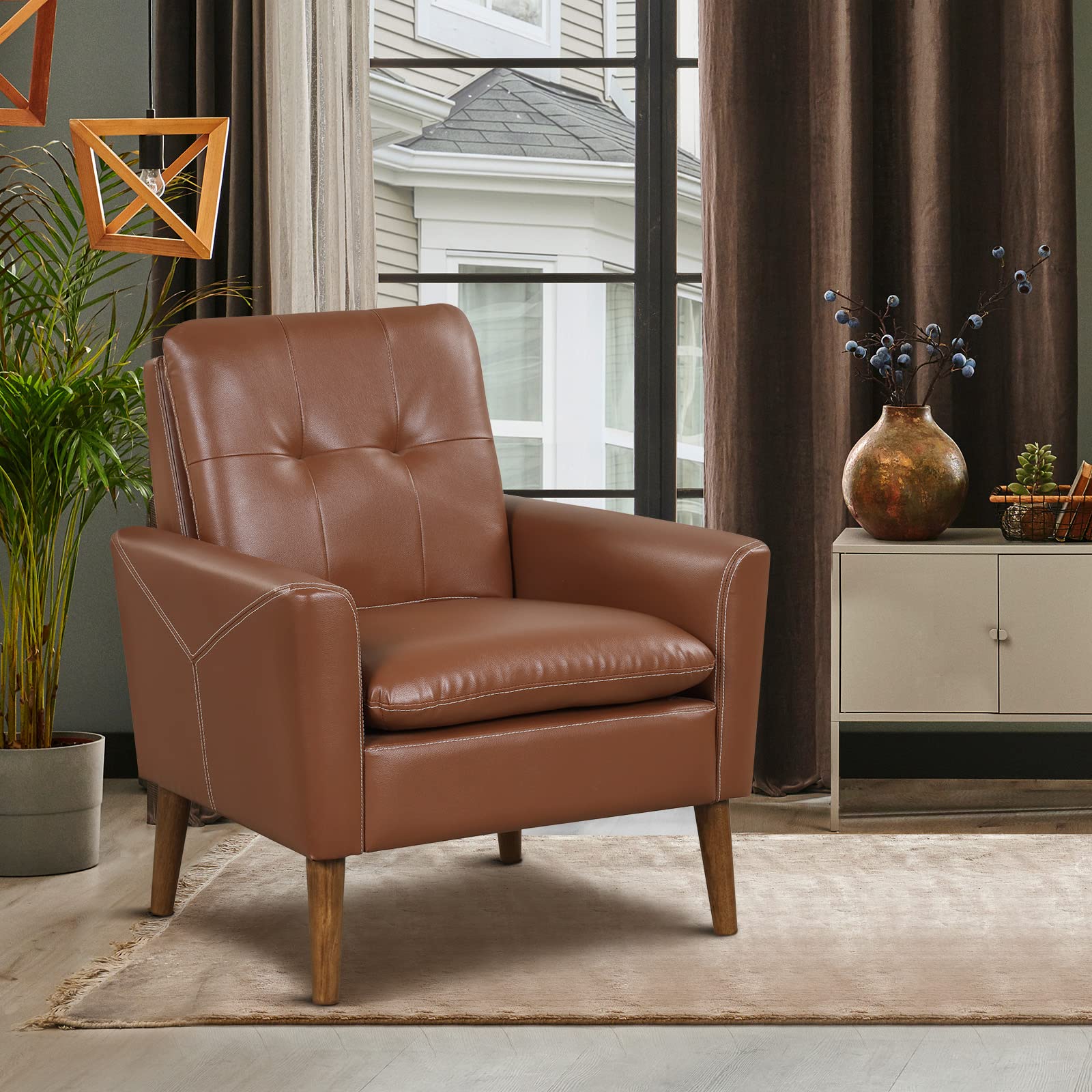 Giantex Modern Leather Accent Chair - Mid-Century Arm Chairs for Living Room, Max Load 400lbs, Brown