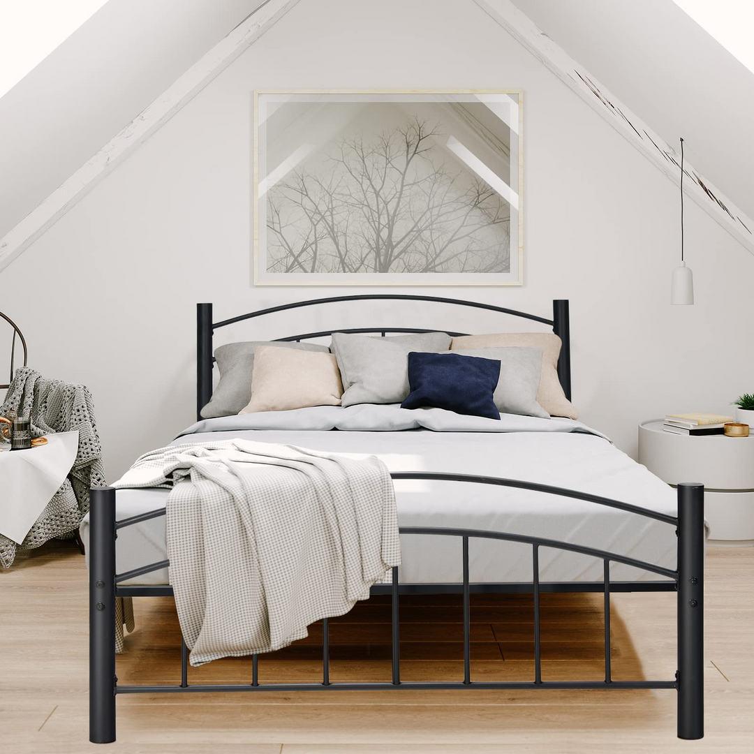 Black Modern Platform Bed with Headboard and Footboard | Metal Bed Frame