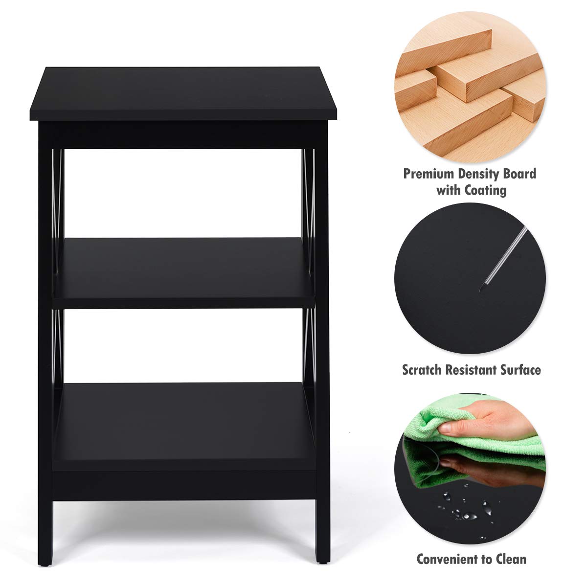 Nightstand 3-Tier X-Design W/Storage Shelves and Stable Structure Storage Organizer Display Sofa Side Table