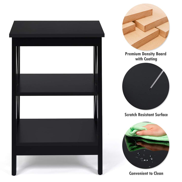 Nightstand 3-Tier X-Design W/Storage Shelves and Stable Structure Storage Organizer Display Sofa Side Table
