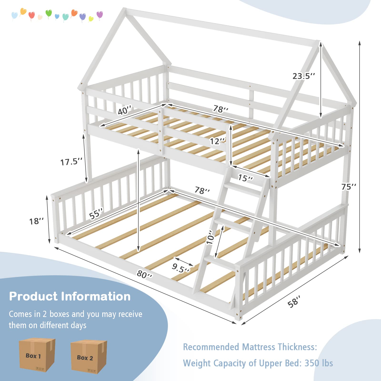 Giantex Twin Over Full House Bunk Bed, Floor Low Bunk Bed Frame w/Integrated Ladder & Safety Guardrails