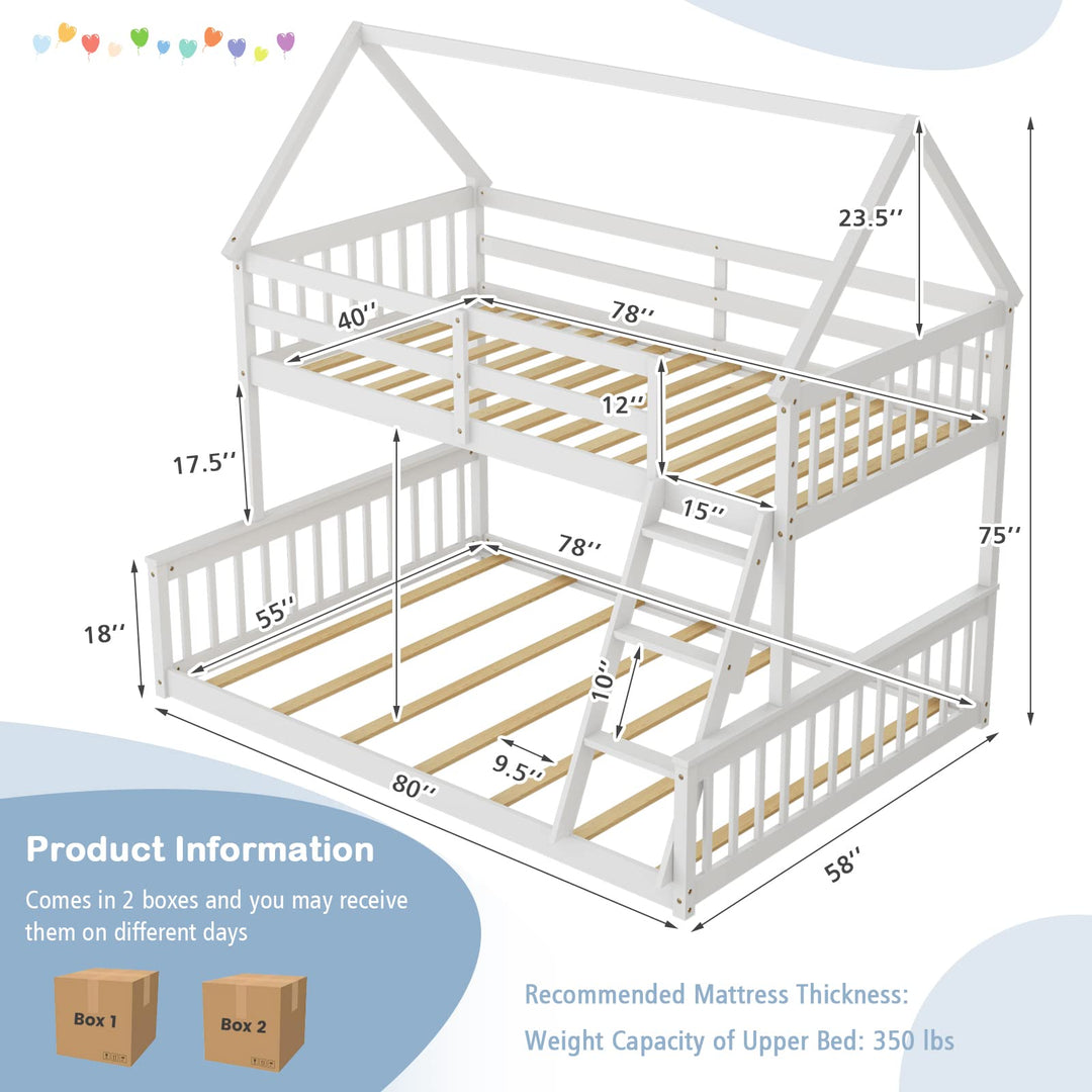 Giantex Twin Over Full House Bunk Bed, Floor Low Bunk Bed Frame w/Integrated Ladder & Safety Guardrails