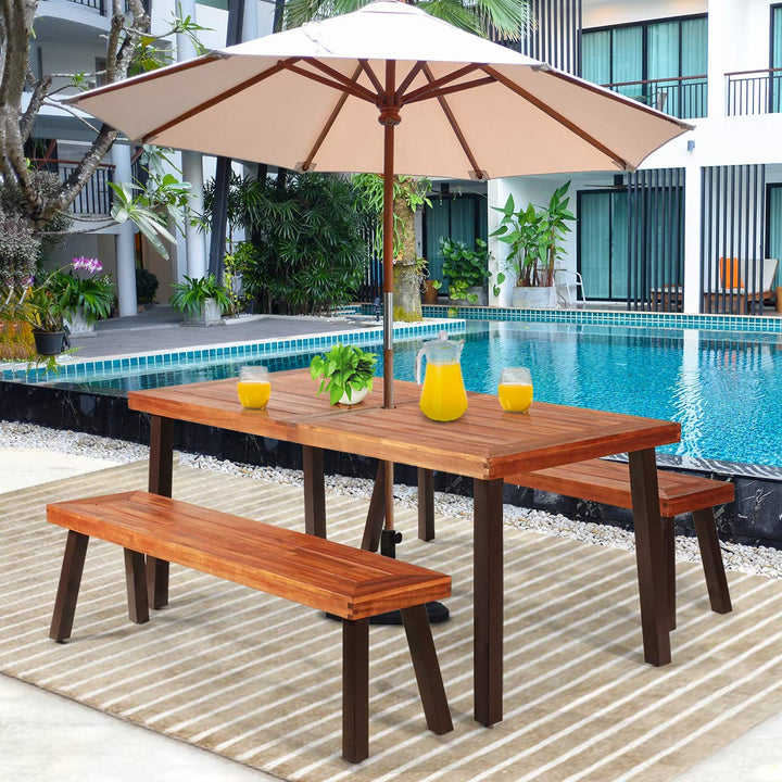 Patio Dining Table Set with 2 Benches, Outdoor Picnic Table Set with Umbrella Hole