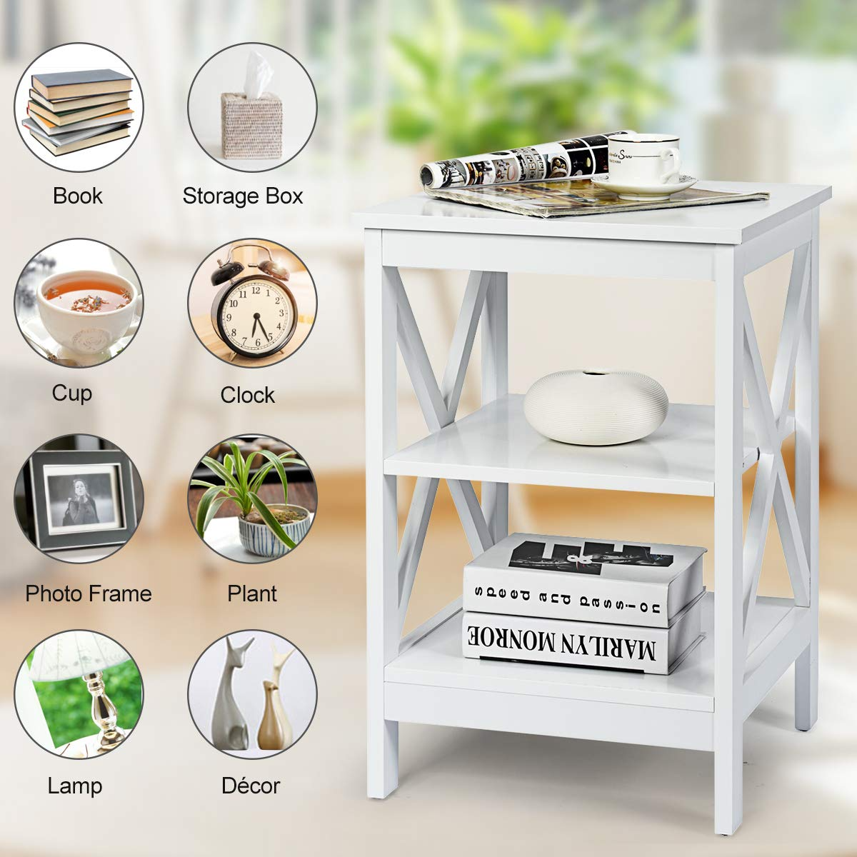 Nightstand 3-Tier X-Design W/Storage Shelves and Stable Structure Storage Organizer Display Sofa Side Table