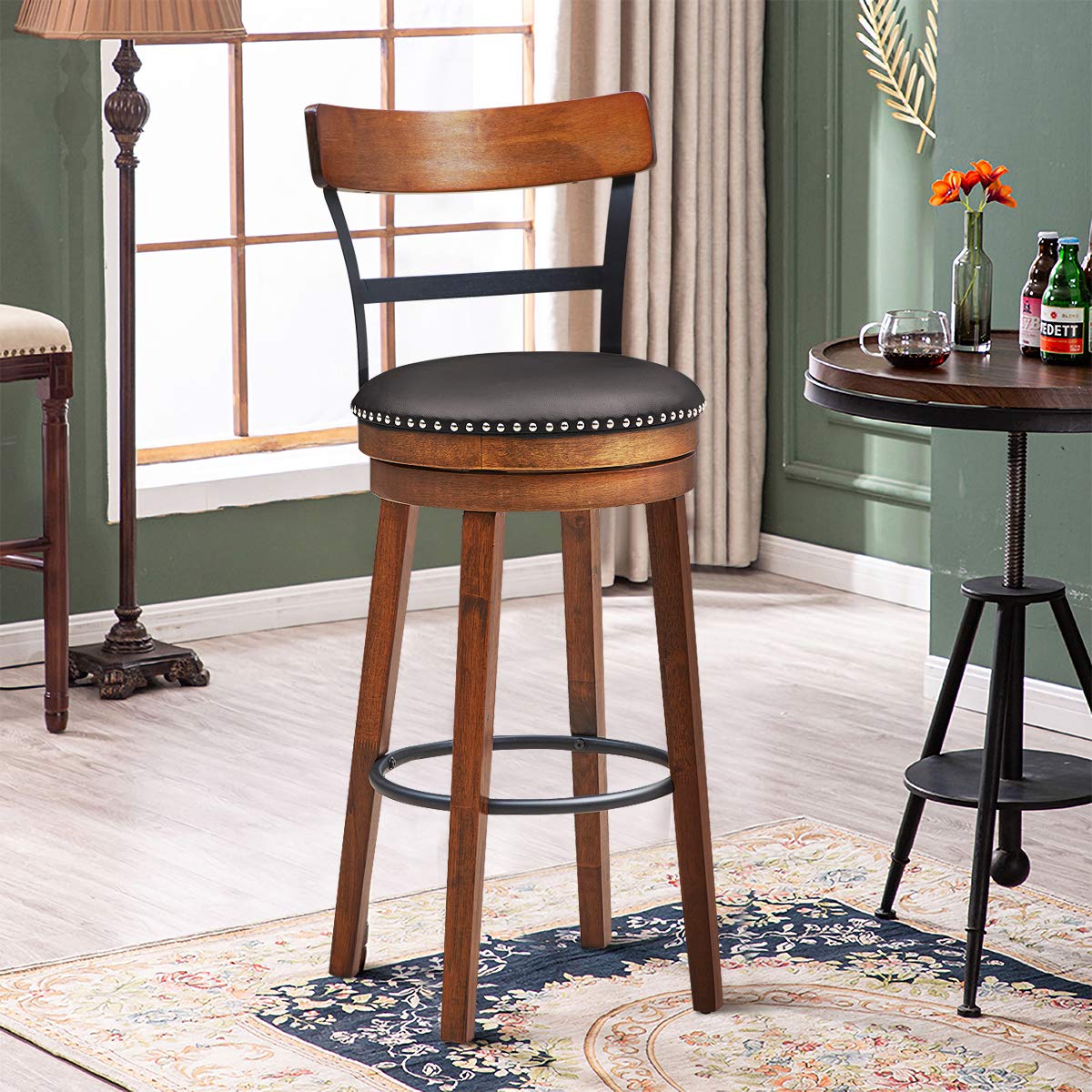 360-Degree Swivel Stools with Leather Padded Seat, Single Slat Ladder Back & Solid Rubber Wood Legs