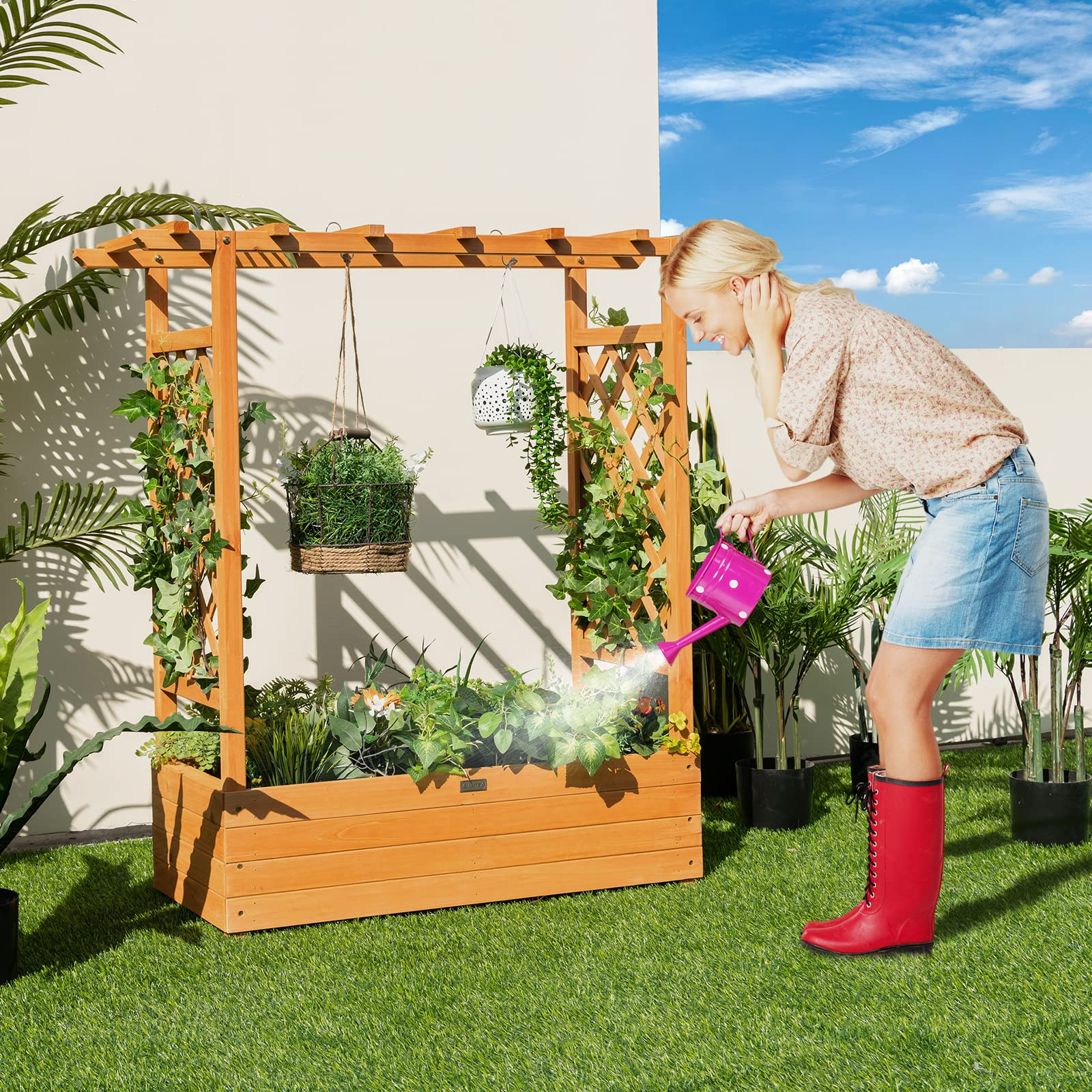 Giantex Raised Garden Bed with Trellis, Wood Planter Box with Roof & Side Trellis, Drain Holes