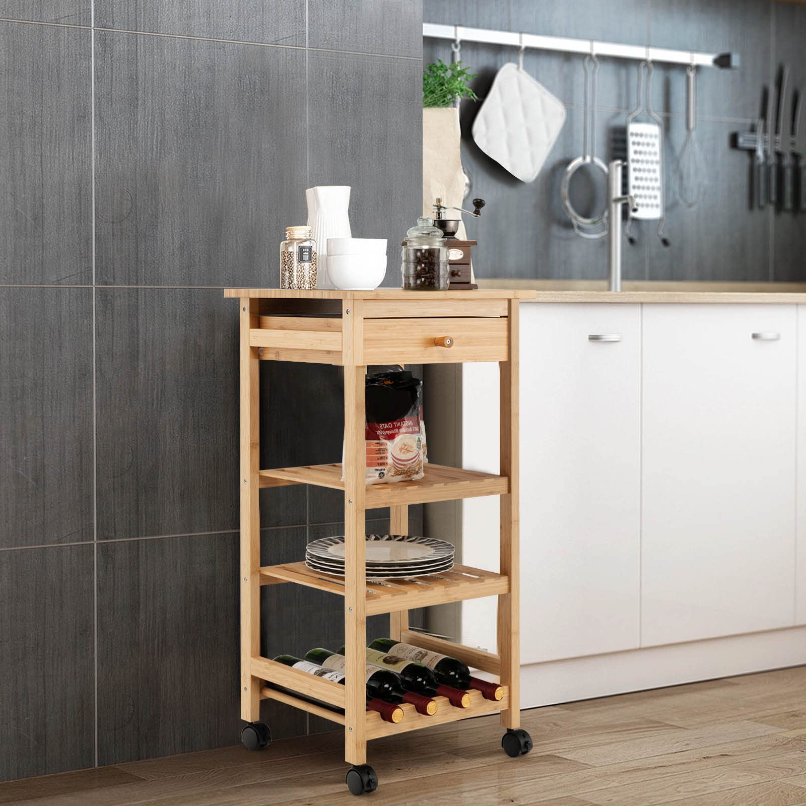 Giantex Kitchen Island on Wheels, Rolling Bamboo Kitchen Trolley with Drawer, 2 Open Storage Shelves, Wine Rack, 4 Lockable Casters