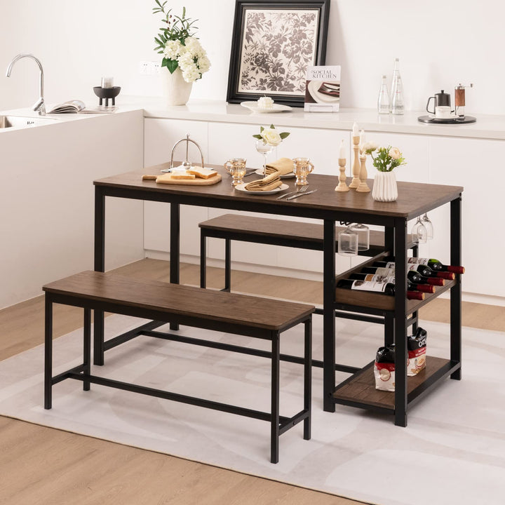 Giantex 3-Piece Dining Table Set for 4, Rustic Kitchen Dinner Table with 2 Benches