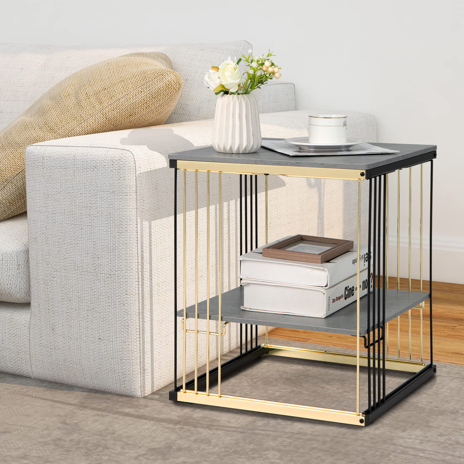 Giantex Modern Side Table, Faux Marble End Table with Golden Line Frame