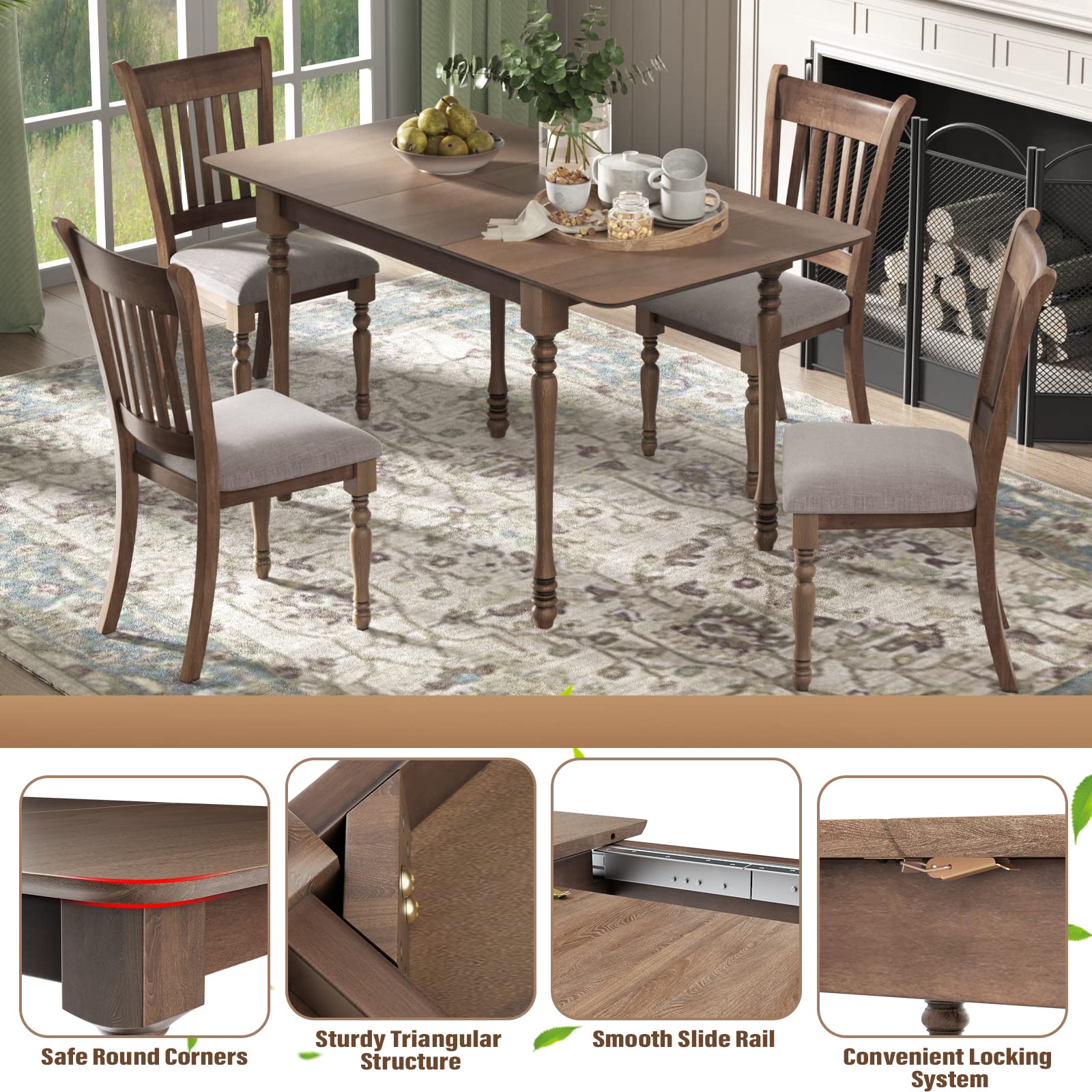 Giantex 5-Piece Dining Table Set, Solid Rubber Wood Farmhouse Kitchen Table Set