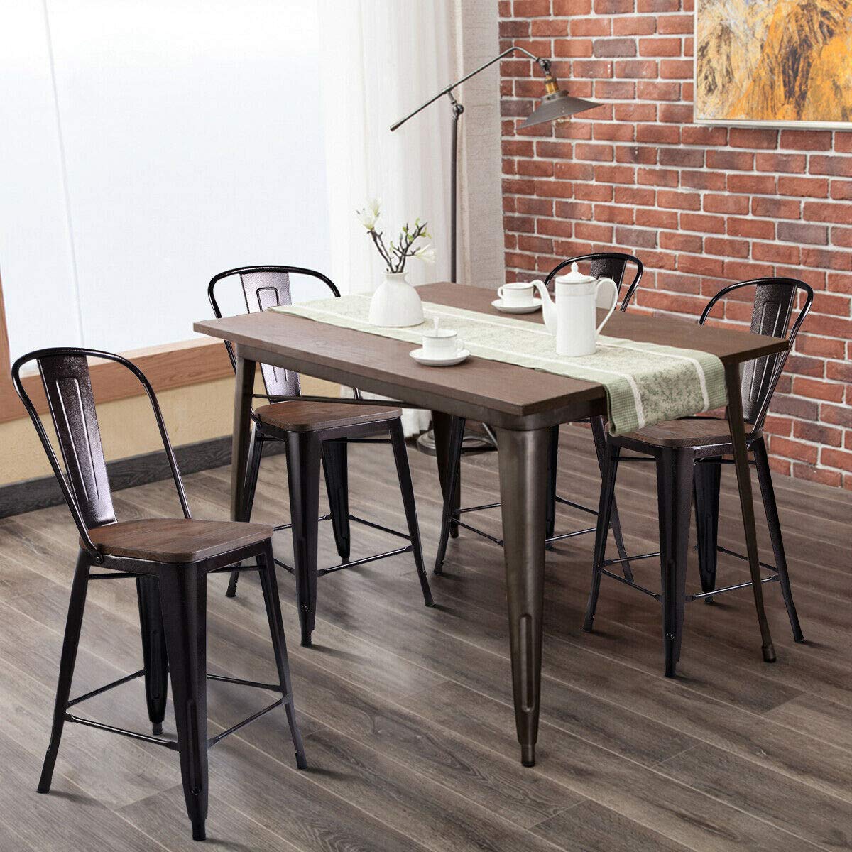 Giantex Tolix Style Dining Stools with Wood Seat and Backrest, Industrial Metal Counter Height Stool