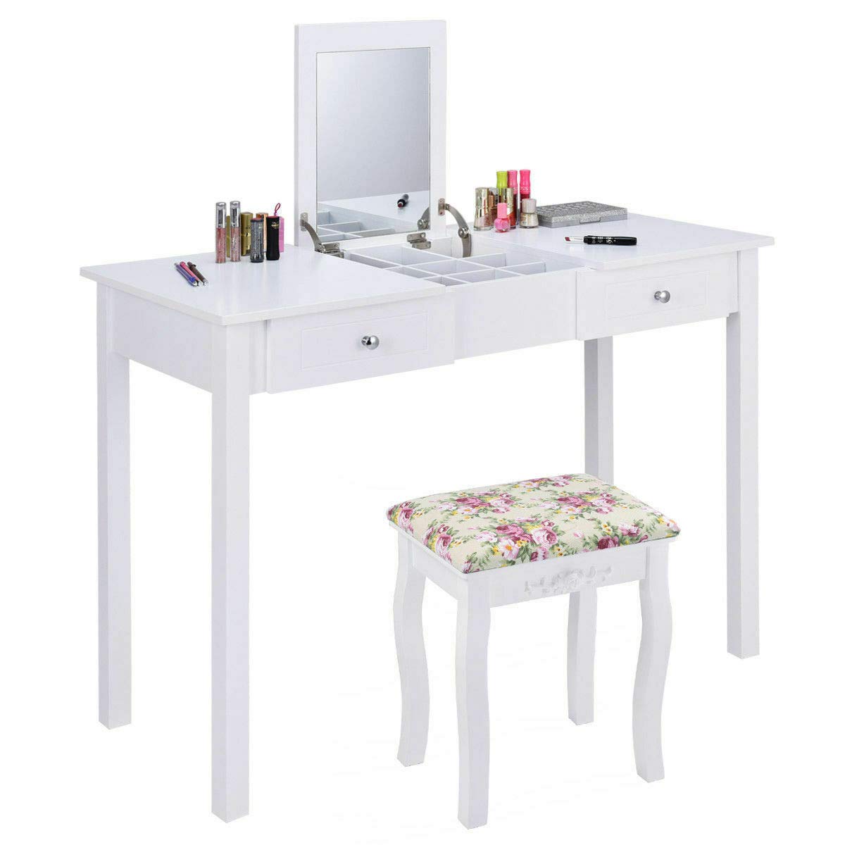 Giantex Vanity Set Makeup Table with Mirror, Cushioned Stool Bench Chair Large Desk Flip Top Home Bedroom