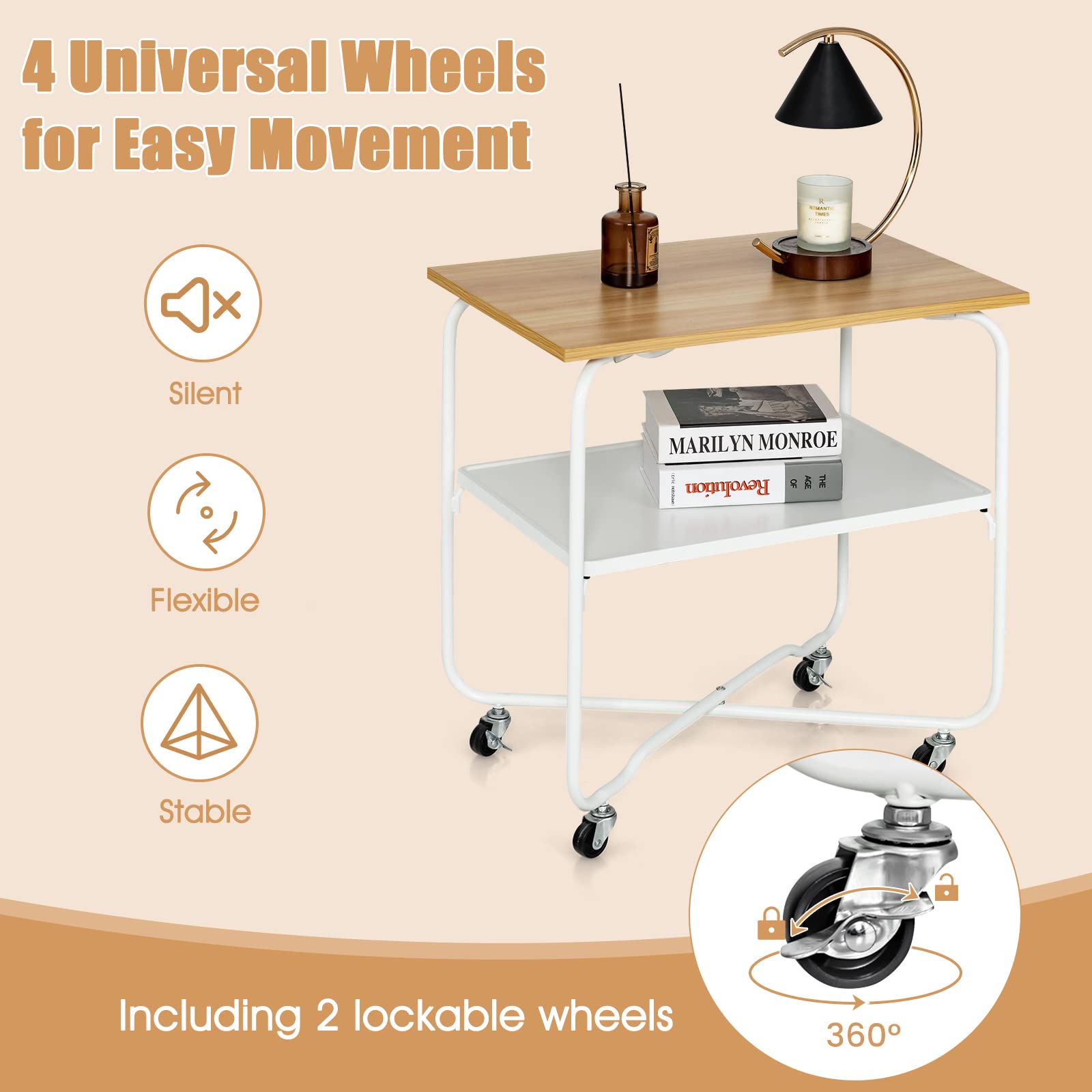 End Table on Wheels, 2-Tier Rolling Storage Cart - Giantex