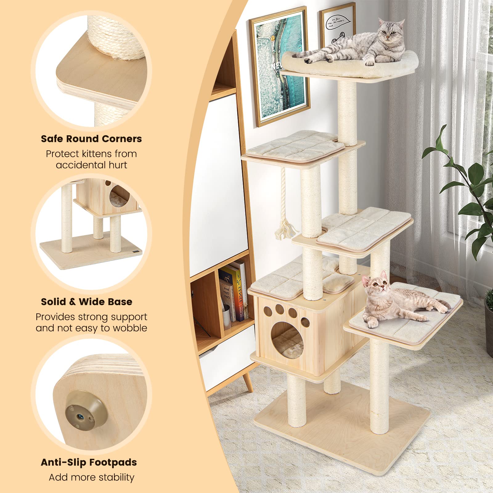 Giantex Cat Tree for Indoor Cats, 67in Multi-Level Cat Tower with Scratching Posts, Washable Cushions