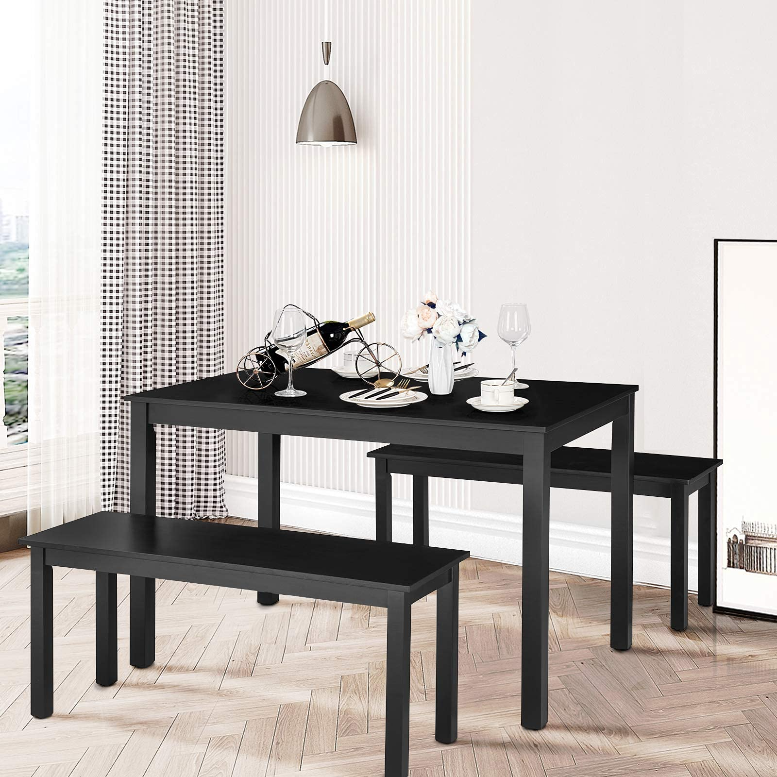 Wooden 3 Pcs Kitchen Dining Room Furniture for 4, Modern Studio Collection Table Set with 2 Benches, Dinette Set (Coffee Brown)