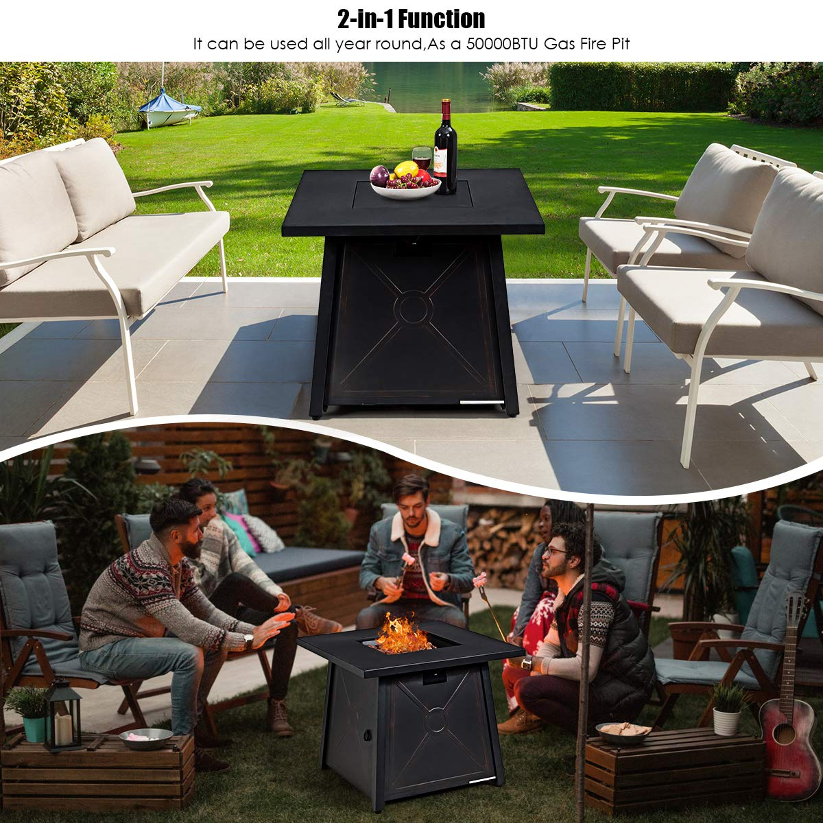 Giantex Gas Fire Table, 30 Inch Square Firepit Table 50,000BTU Fire Pits Tables w/ Waterproof Cover (Black)