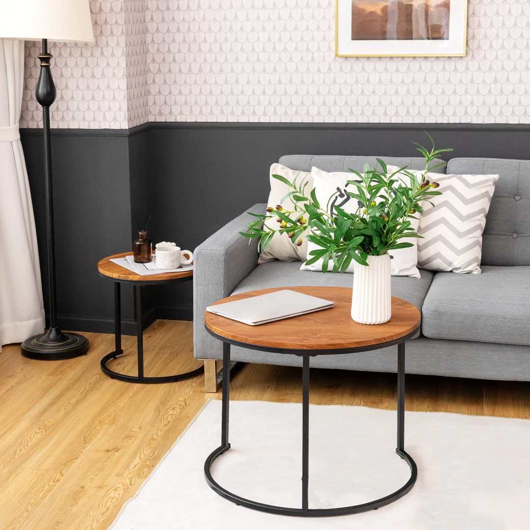 Nesting Coffee Table Set of 2, Round Stacking Side Tables w/Wooden Tabletop & Steel Frame
