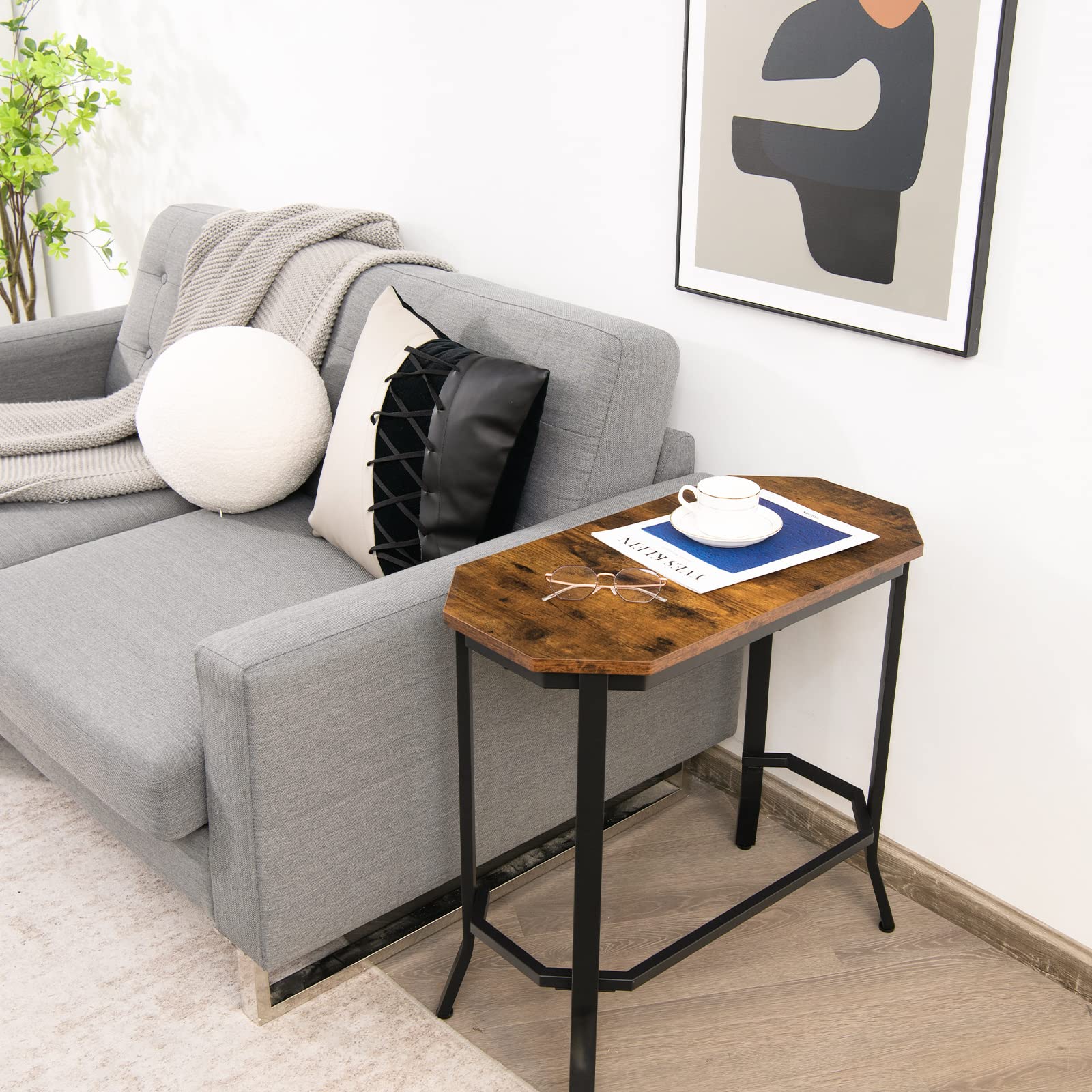 Giantex Narrow End Table w/Rustic Wood Grain & Stable Steel Frame, 25.5"x12.5"x24.5" Rustic Brown