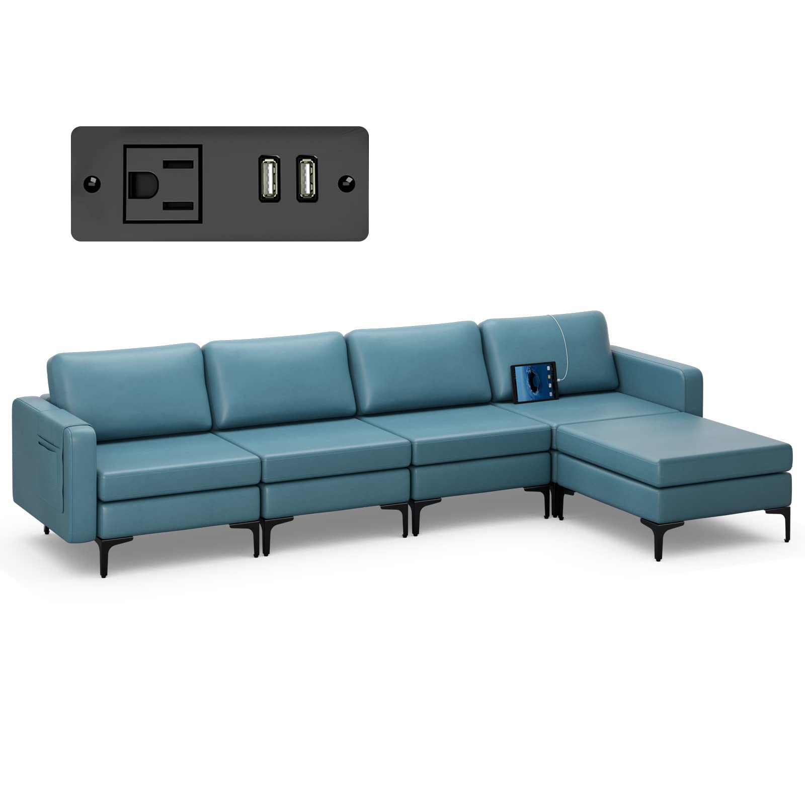 Giantex 4 Seat Convertible Sofa Couch, 123" L Sectional Sleeper with 2 or 1 USB Ports Socket