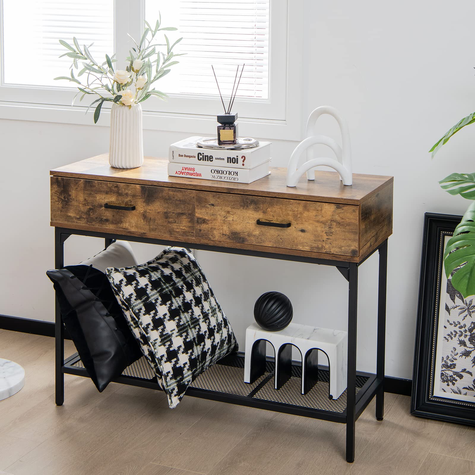 Giantex Console Table with Drawers - Industrial Hallway Table for Small Space, Long Sofa Side Table Behind Couch