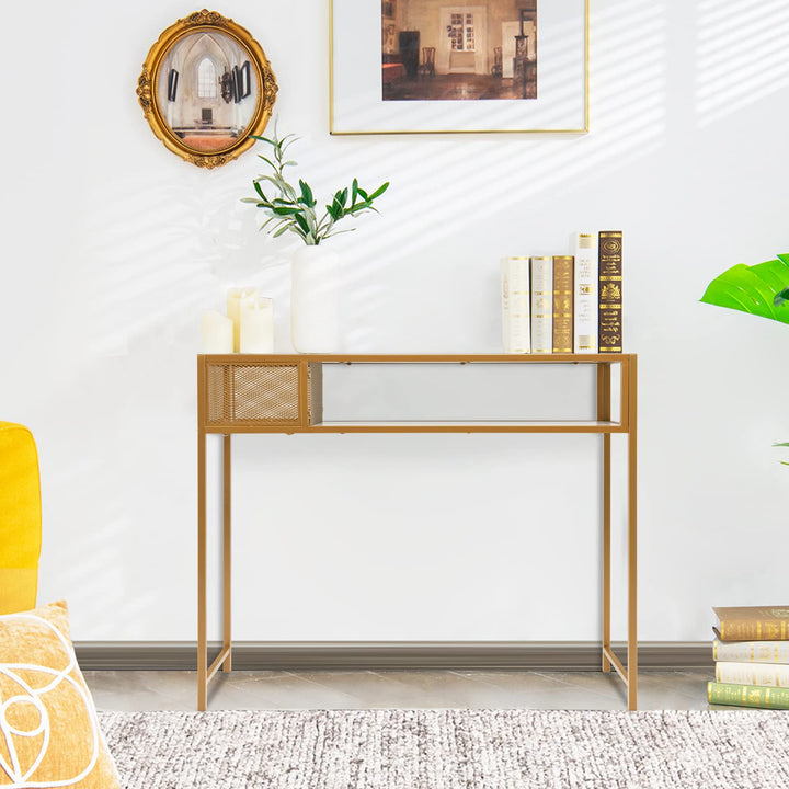 Giantex Console Tables for Entryway - Faux Marble Sofa Table with Wire Basket, 43.5" x 16" x 35.5" Entry Table