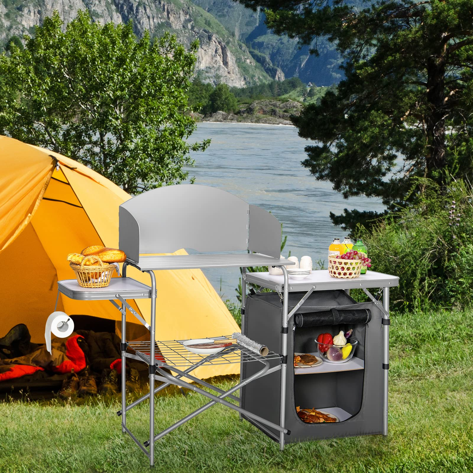 Giantex Folding Grill Table with 26'' Tabletop and Detachable Windscreen