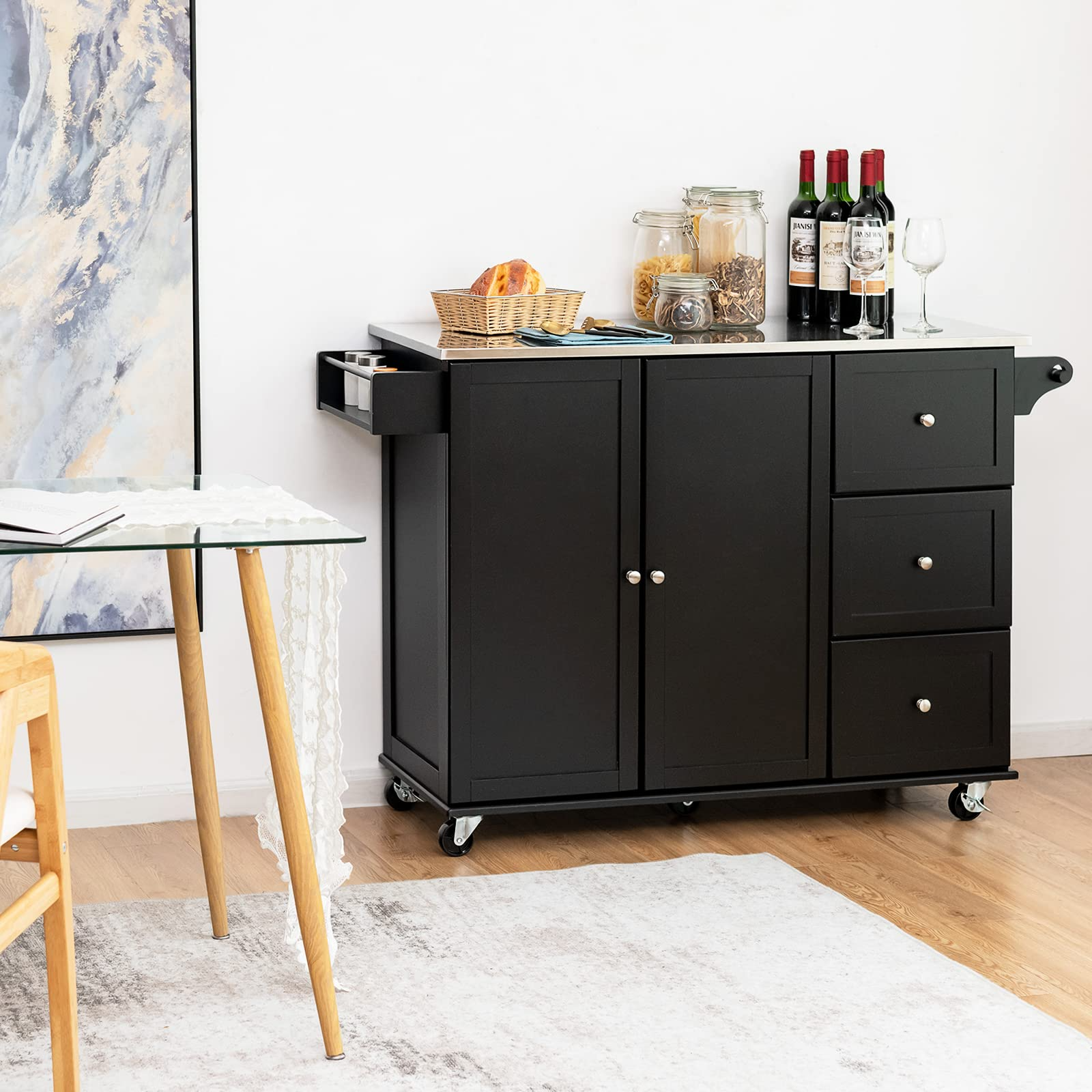 Giantex Kitchen Island with Stainless Steel Countertop, Dark Brown